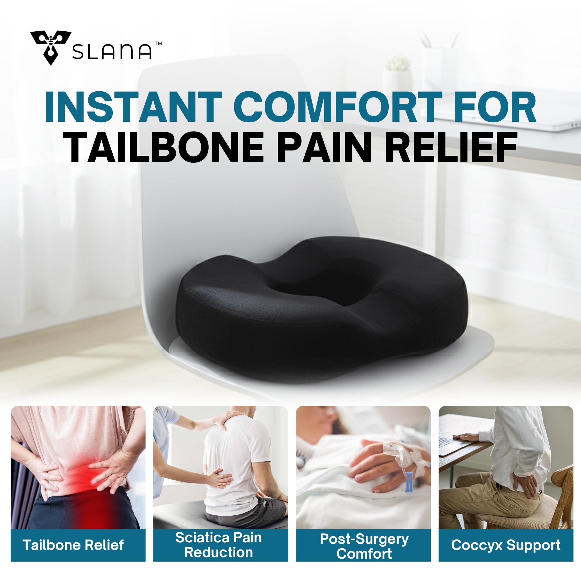 SLANA Postpartum Donut Pillow – Butt Donut Pillow Tailbone Pain Relief Cushion, Memory Foam Hemorrhoid Pillow & Coccyx Support for Pregnancy, Tailbone Pain, Anti-Slip Butt Pillow for Bed, Office, Car