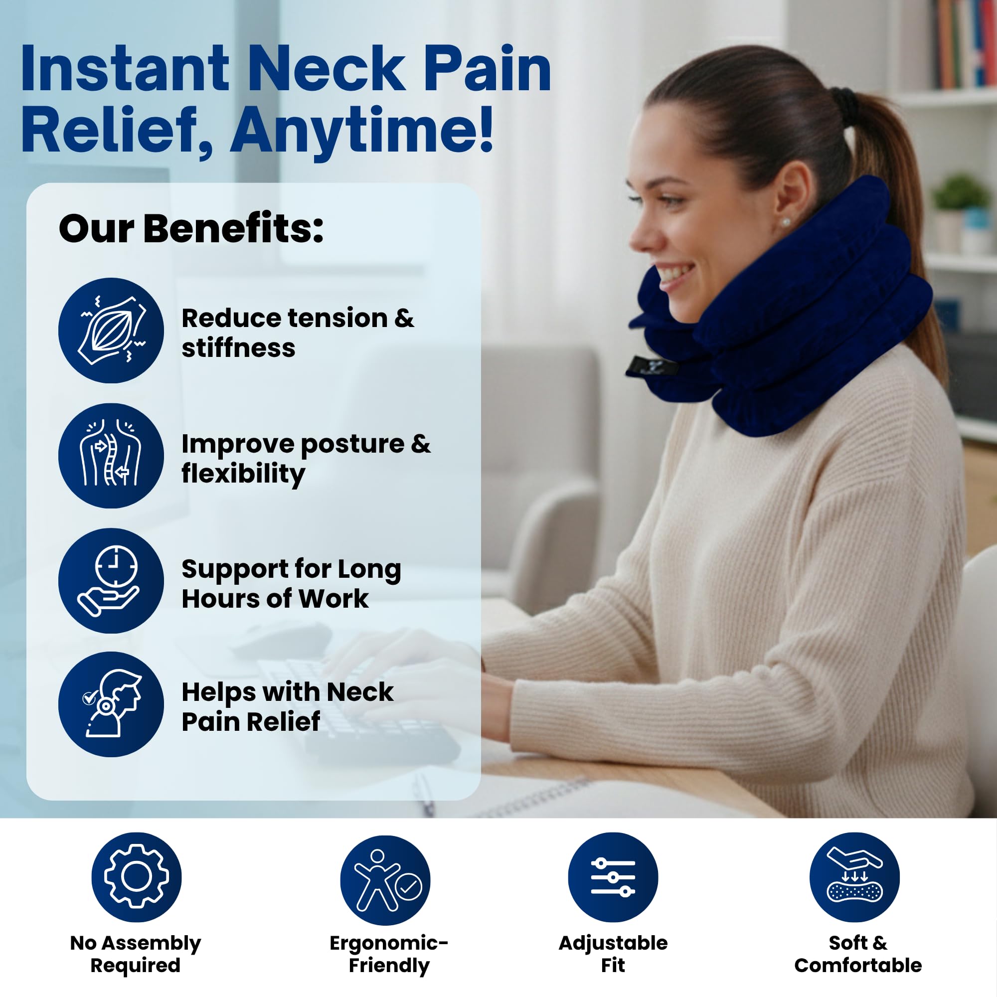 SLANA Inflatable Neck Traction Device - Cervical Traction Device & Adjustable Neck Stretcher & Support Brace, Cervical Pillow for Pain Relief, Neck Decompression Pillow Home Use - Blue