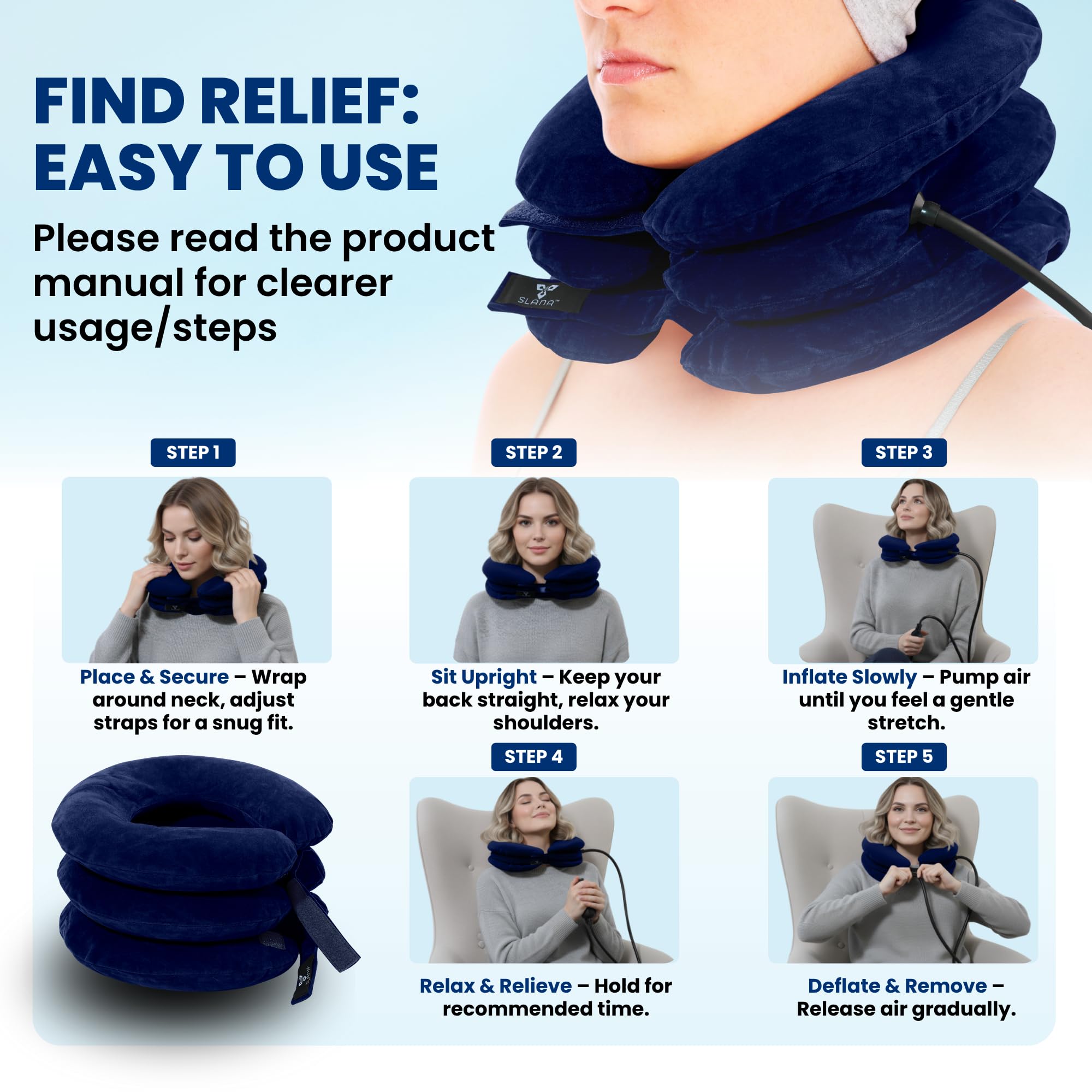 SLANA Inflatable Neck Traction Device - Cervical Traction Device & Adjustable Neck Stretcher & Support Brace, Cervical Pillow for Pain Relief, Neck Decompression Pillow Home Use - Blue