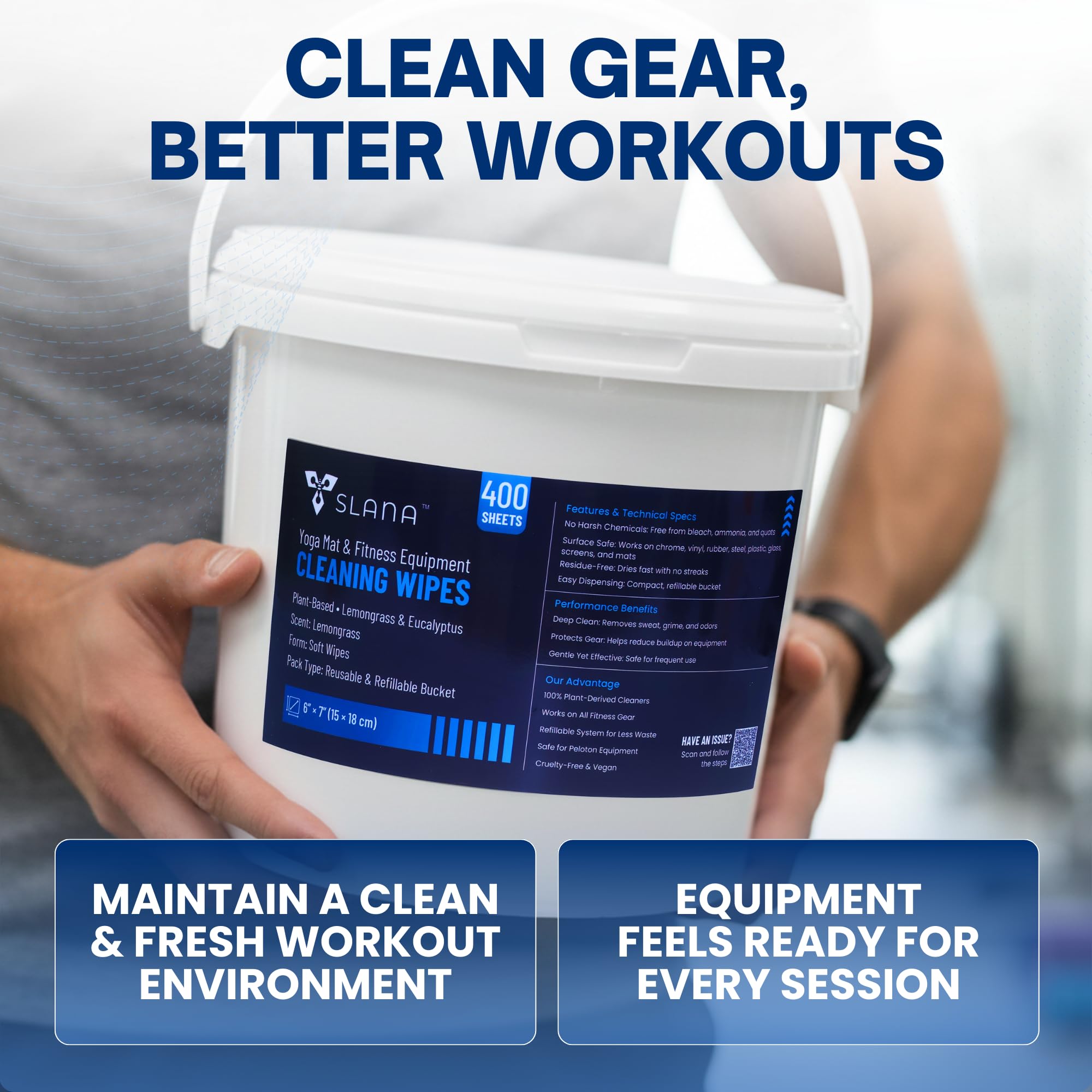 Slana Plant-Based Gym Wipes (400 Count) – Large 6”×7” Fitness Equipment Cleaning Yoga Mat Cleaner Wipes, Lemongrass, Residue-Free, Non-Toxic, Safe for Bikes, Treadmills & Home Gyms