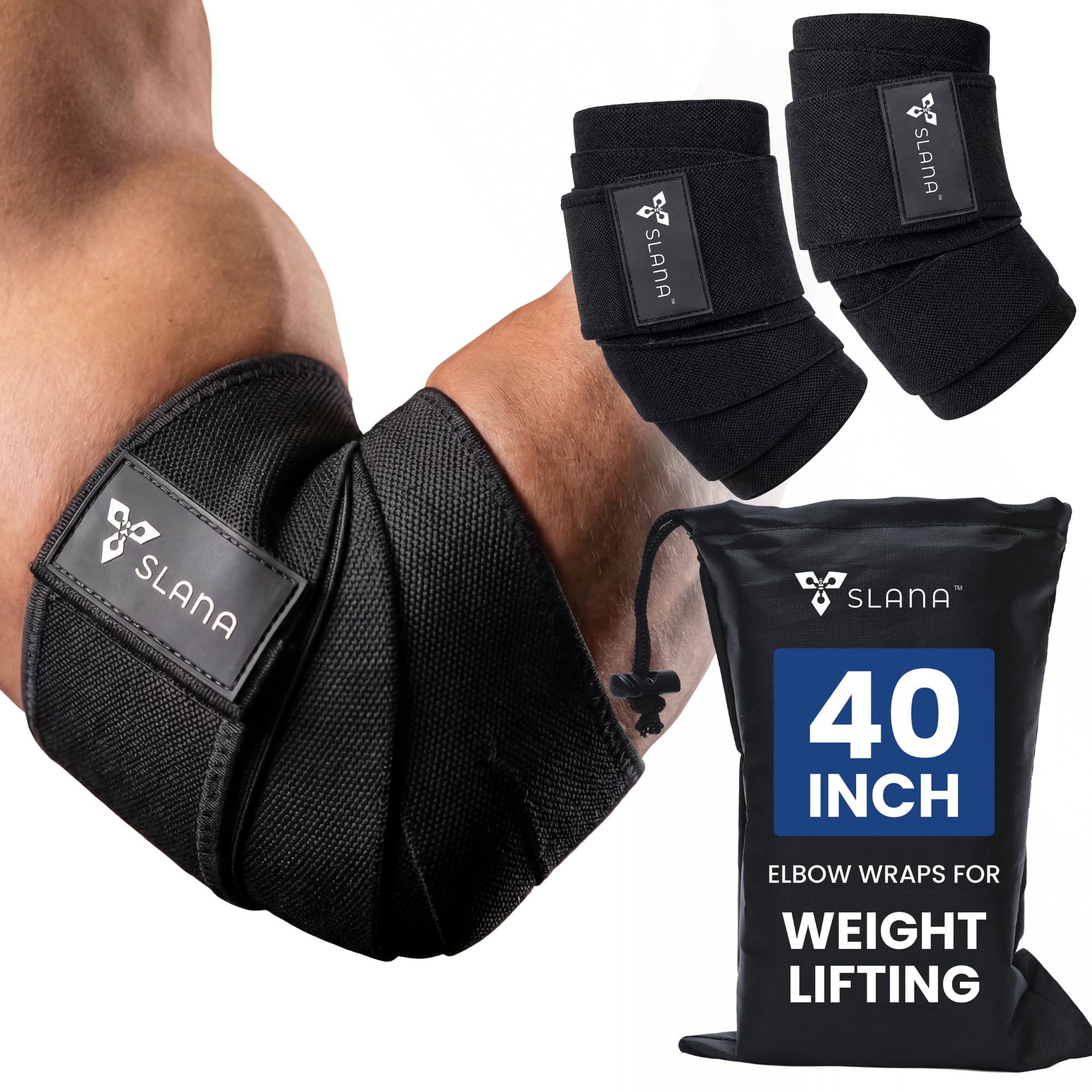 SLANA Elbow Wraps for Weightlifting – 40” Long Adjustable Compression - Elbow Sleeves Weightlifting Men with Hook-and-Loop Closure – Support for Heavy Pressing, Strength Training & Lifting Stability