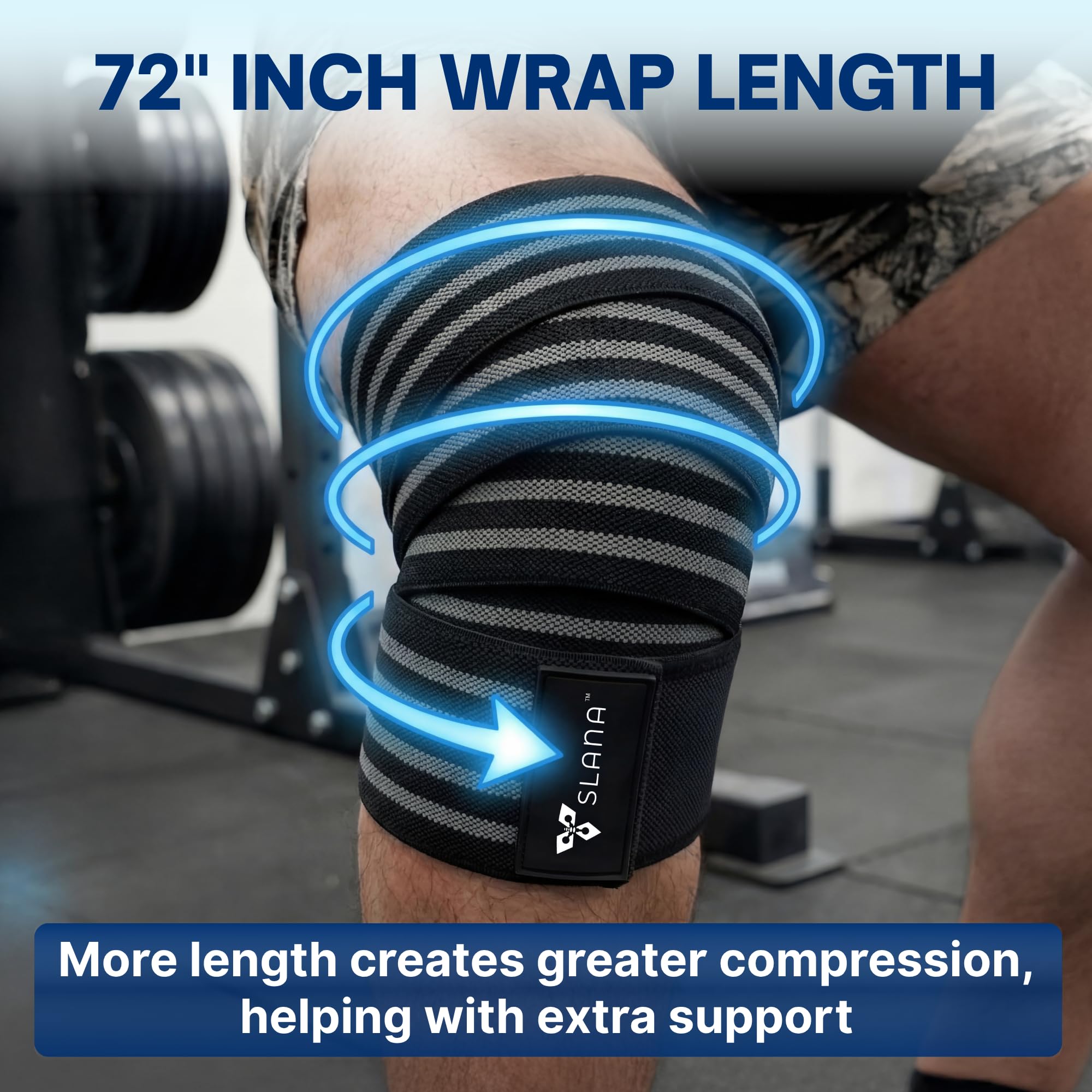 SLANA Knee Wraps for Weightlifting (72”) – Adjustable Compression Knee Wraps for Weightlifting, Knee Straps for Weightlifting with Secure Hook & Loop Closure – Powerlifting, Squats & Heavy Training