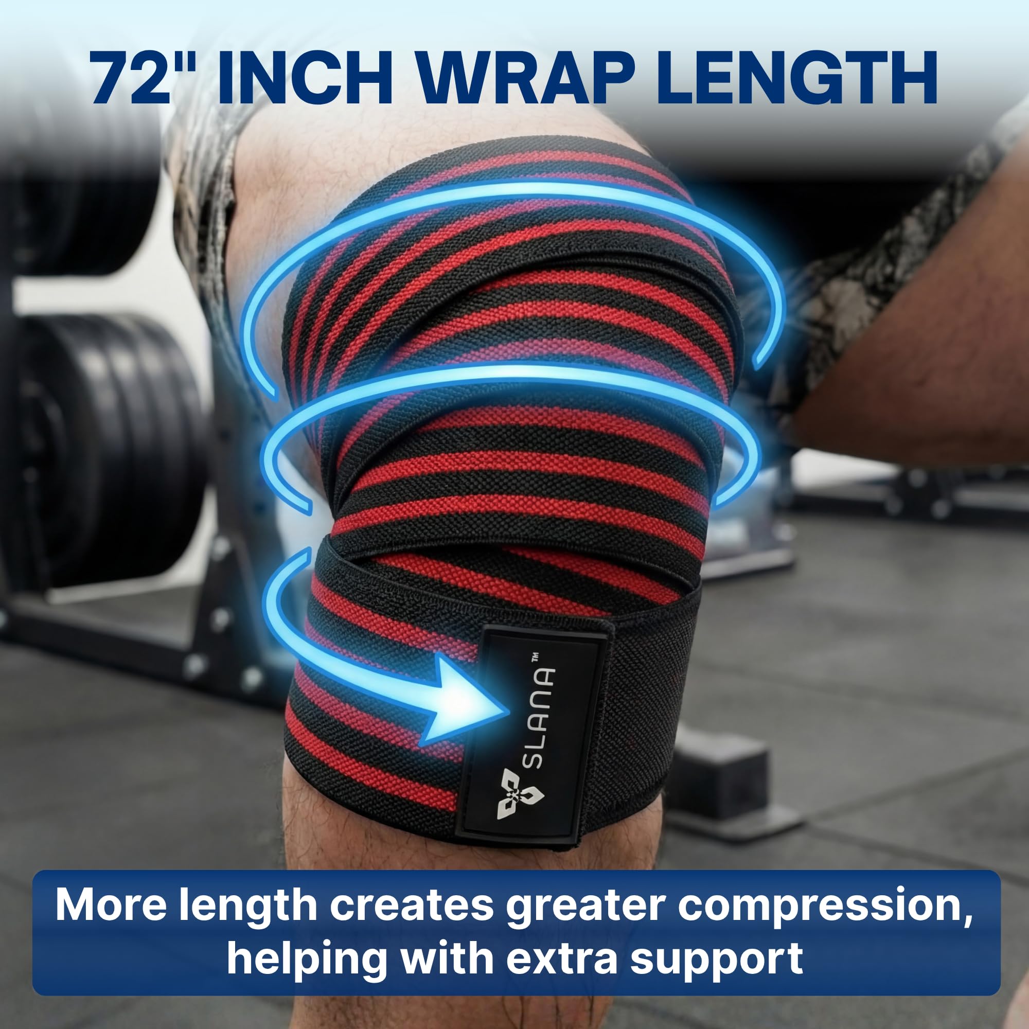 SLANA Knee Wraps for Weightlifting (72”) – Adjustable Compression Knee Wraps for Weightlifting, Knee Straps for Weightlifting with Secure Hook & Loop Closure – Powerlifting, Squats & Heavy Training