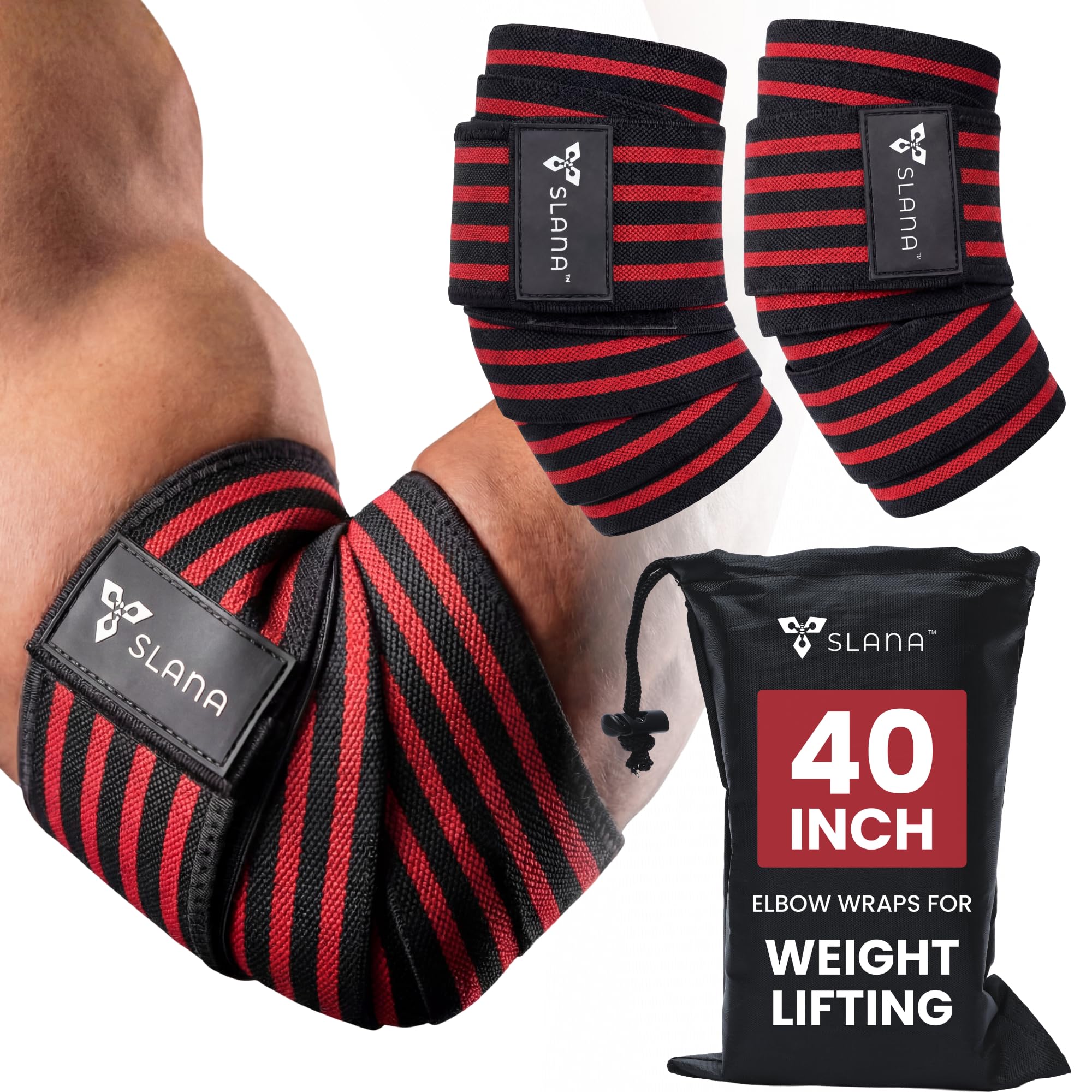 SLANA Elbow Wraps for Weightlifting – 40” Long Adjustable Compression - Elbow Sleeves Weightlifting Men with Hook-and-Loop Closure – Support for Heavy Pressing, Strength Training & Lifting Stability