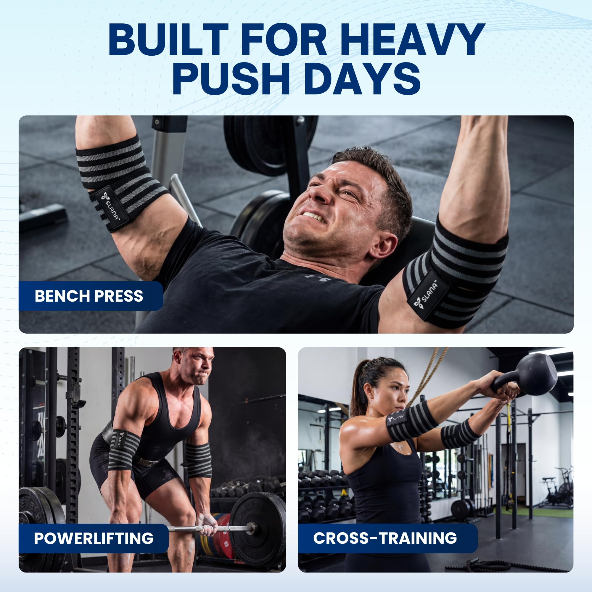 SLANA Elbow Wraps for Weightlifting – 40” Long Adjustable Compression - Elbow Sleeves Weightlifting Men with Hook-and-Loop Closure – Support for Heavy Pressing, Strength Training & Lifting Stability