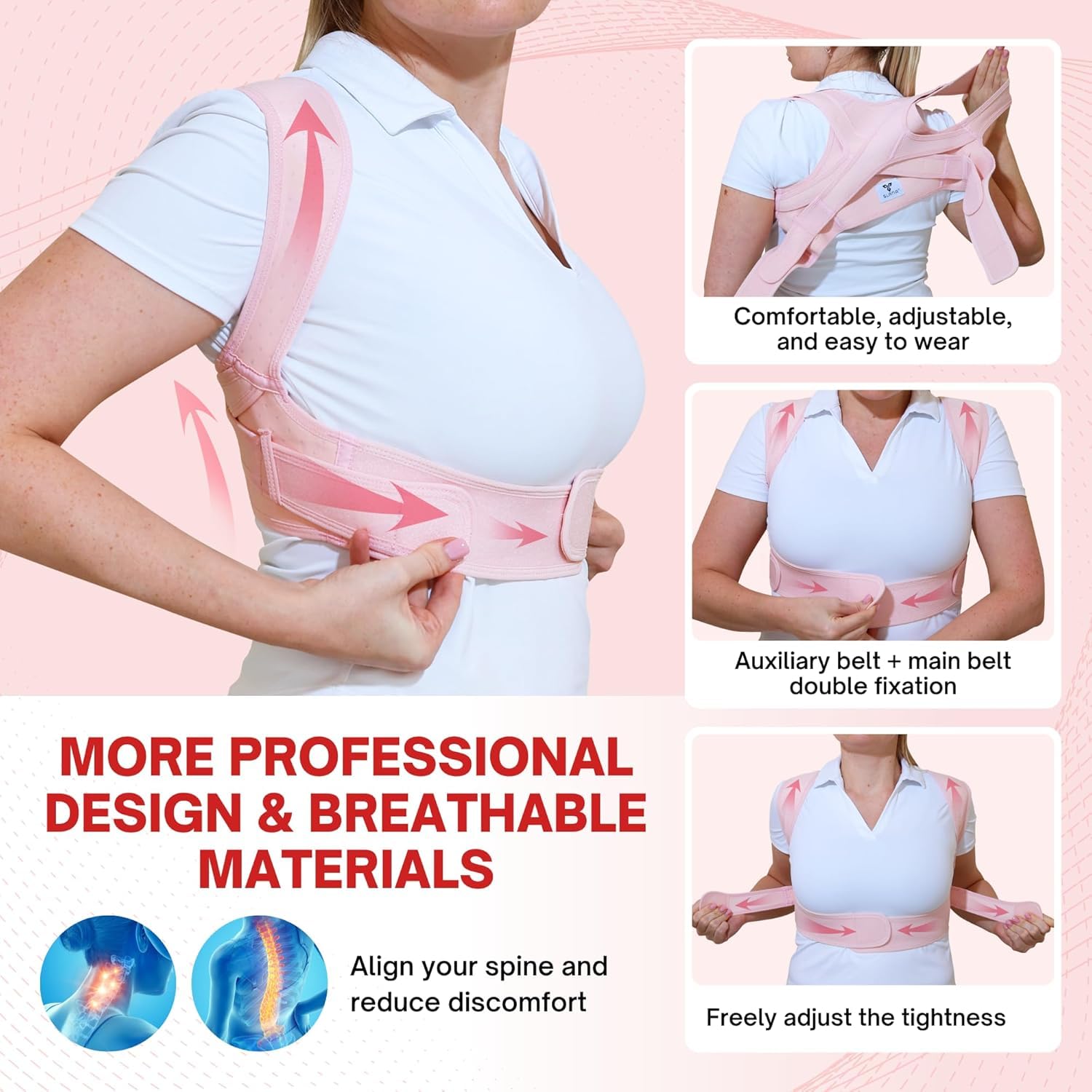 SLANA Back Posture Corrector - Adjustable and Breathable - Medium Size Straightener Posture Corrector Providing Pain Relief from Neck, Shoulder, Upper & Lower Body (Half Back Support (Pink))