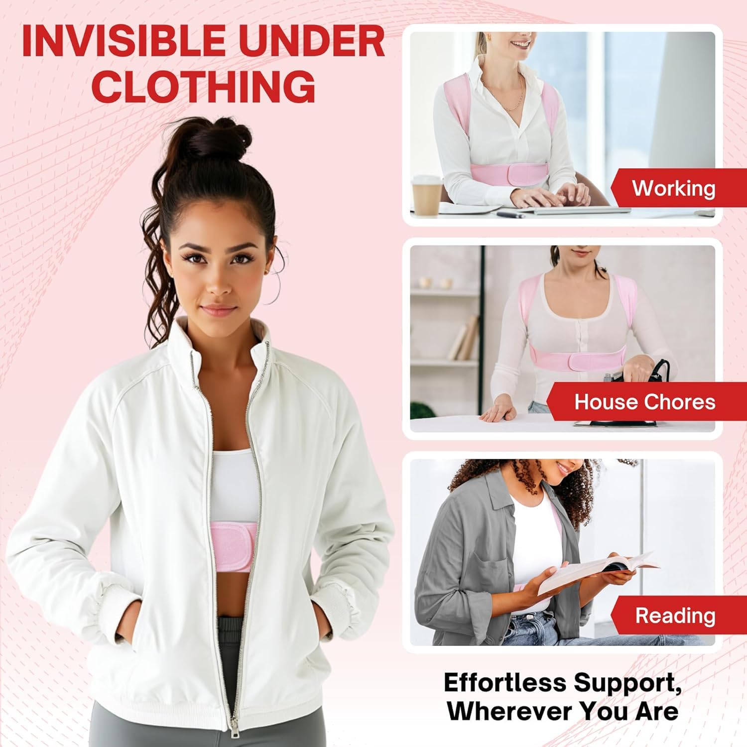 SLANA Back Posture Corrector - Adjustable and Breathable - Medium Size Straightener Posture Corrector Providing Pain Relief from Neck, Shoulder, Upper & Lower Body (Half Back Support (Pink))