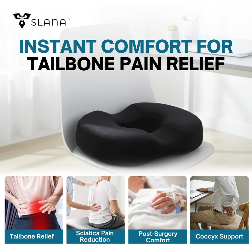 SLANA Postpartum Donut Pillow – Butt Donut Pillow Tailbone Pain Relief Cushion, Memory Foam Hemorrhoid Pillow & Coccyx Support for Pregnancy, Tailbone Pain, Anti-Slip Butt Pillow for Bed, Office, Car