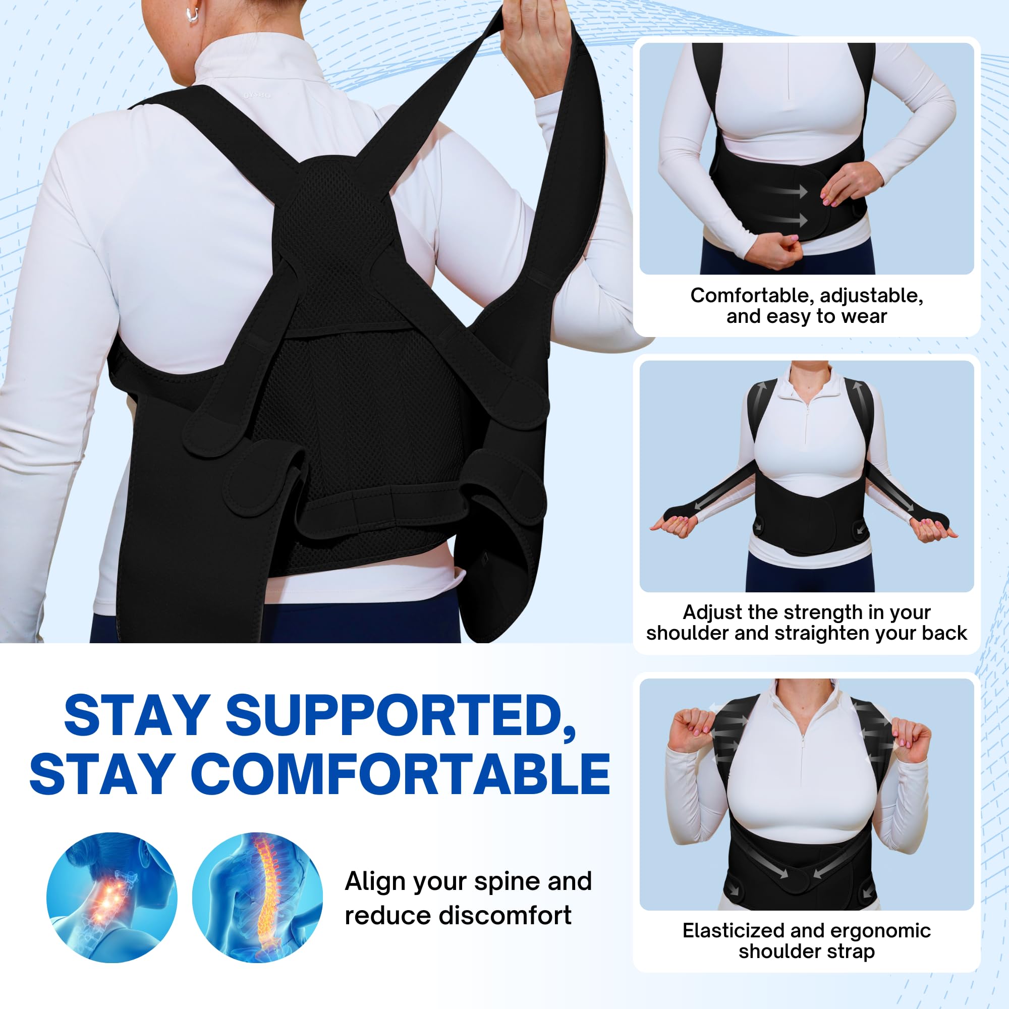 SLANA Back Posture Corrector - Adjustable and Breathable - Medium Size Straightener Posture Corrector Providing Pain Relief from Neck, Shoulder, Upper & Lower Body (Full Back Support (Black))