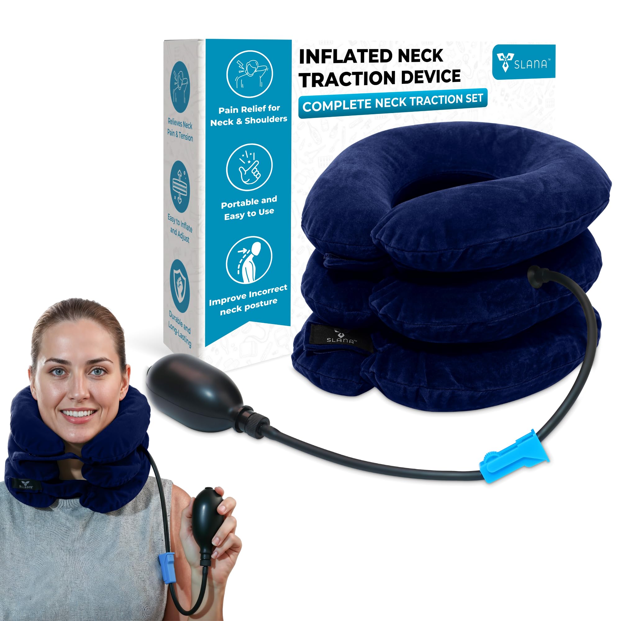 SLANA Inflatable Neck Traction Device - Cervical Traction Device & Adjustable Neck Stretcher & Support Brace, Cervical Pillow for Pain Relief, Neck Decompression Pillow Home Use - Blue