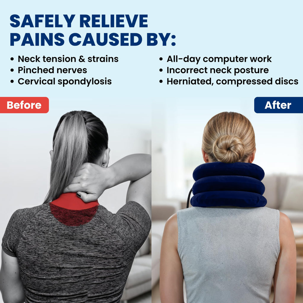 SLANA Inflatable Neck Traction Device - Cervical Traction Device & Adjustable Neck Stretcher & Support Brace, Cervical Pillow for Pain Relief, Neck Decompression Pillow Home Use - Blue