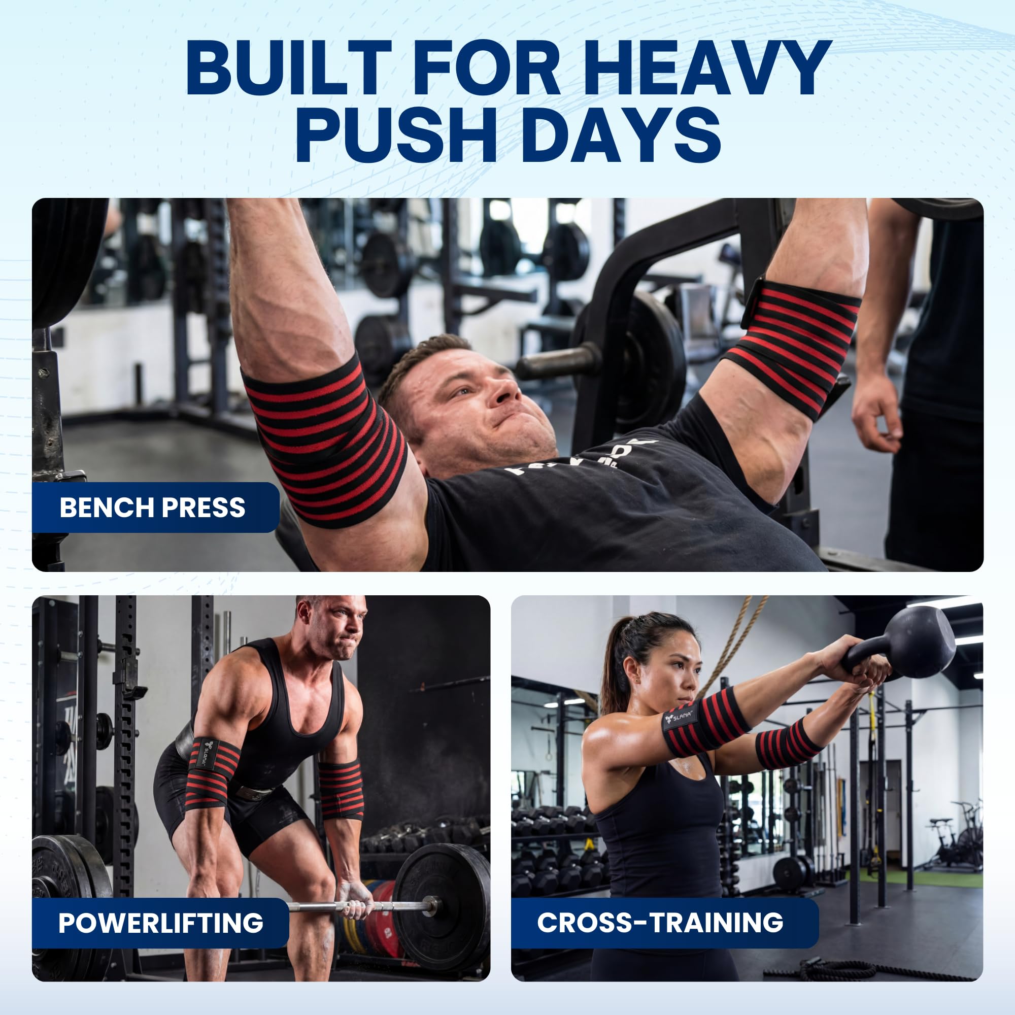 SLANA Elbow Wraps for Weightlifting – 40” Long Adjustable Compression - Elbow Sleeves Weightlifting Men with Hook-and-Loop Closure – Support for Heavy Pressing, Strength Training & Lifting Stability