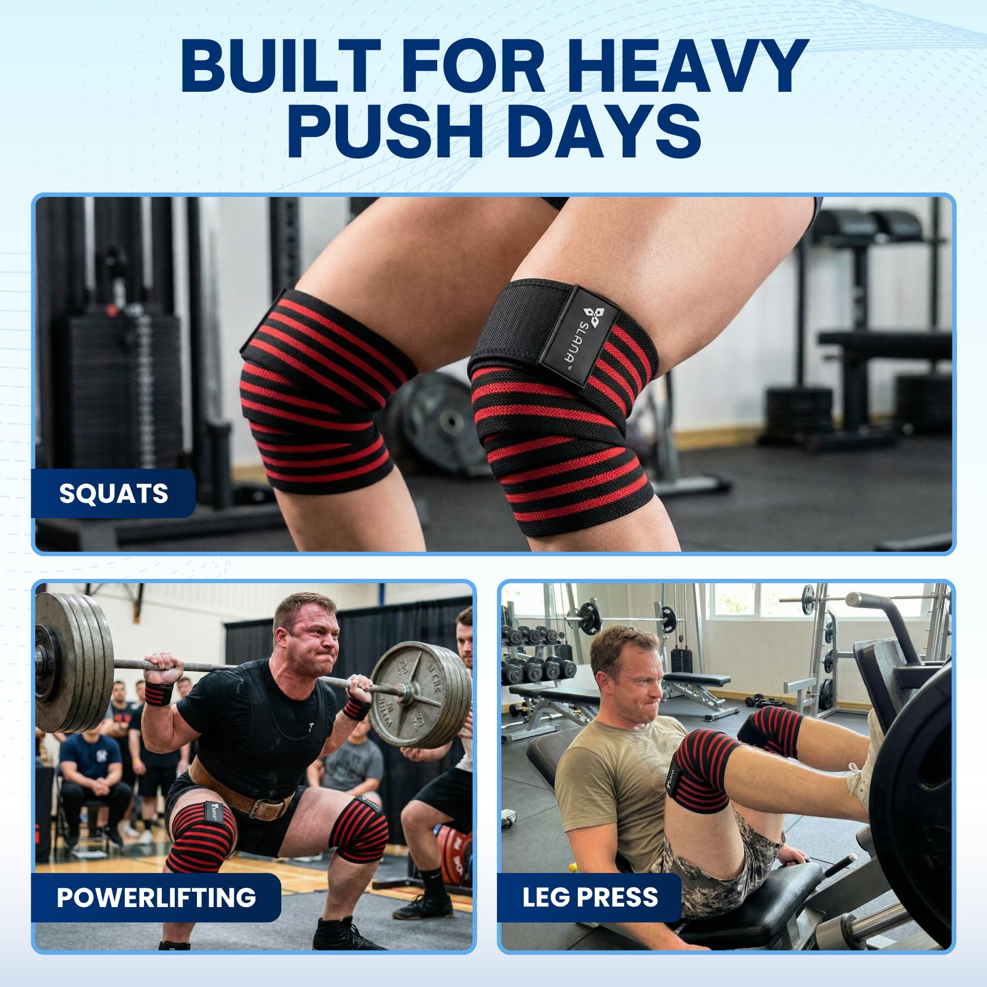 SLANA Knee Wraps for Weightlifting (72”) – Adjustable Compression Knee Wraps for Weightlifting, Knee Straps for Weightlifting with Secure Hook & Loop Closure – Powerlifting, Squats & Heavy Training