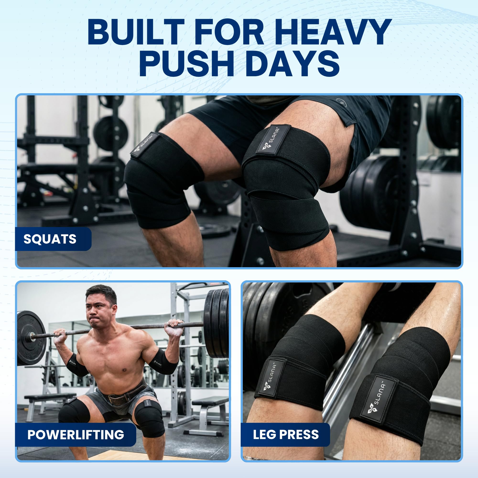 SLANA Knee Wraps for Weightlifting (72”) – Adjustable Compression Knee Wraps for Weightlifting, Knee Straps for Weightlifting with Secure Hook & Loop Closure – Powerlifting, Squats & Heavy Training