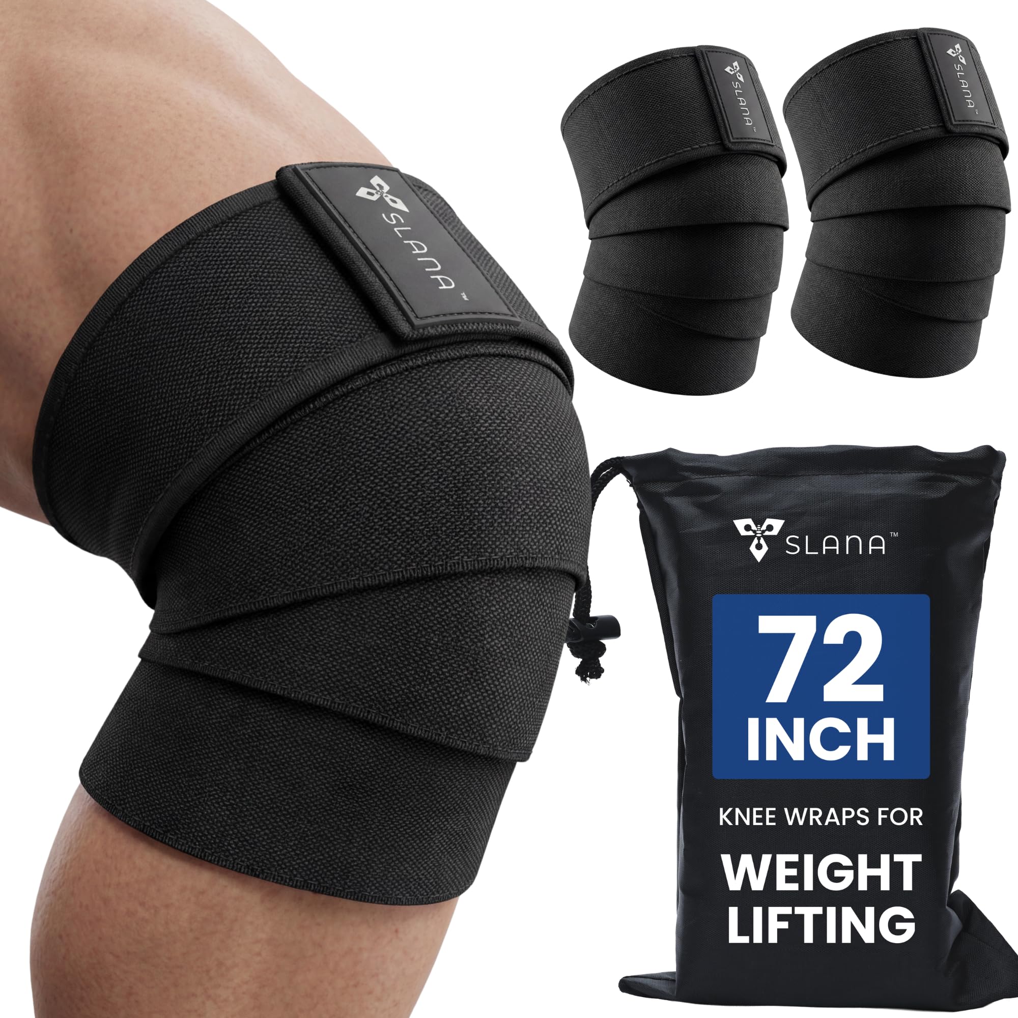 SLANA Knee Wraps for Weightlifting (72”) – Adjustable Compression Knee Wraps for Weightlifting, Knee Straps for Weightlifting with Secure Hook & Loop Closure – Powerlifting, Squats & Heavy Training