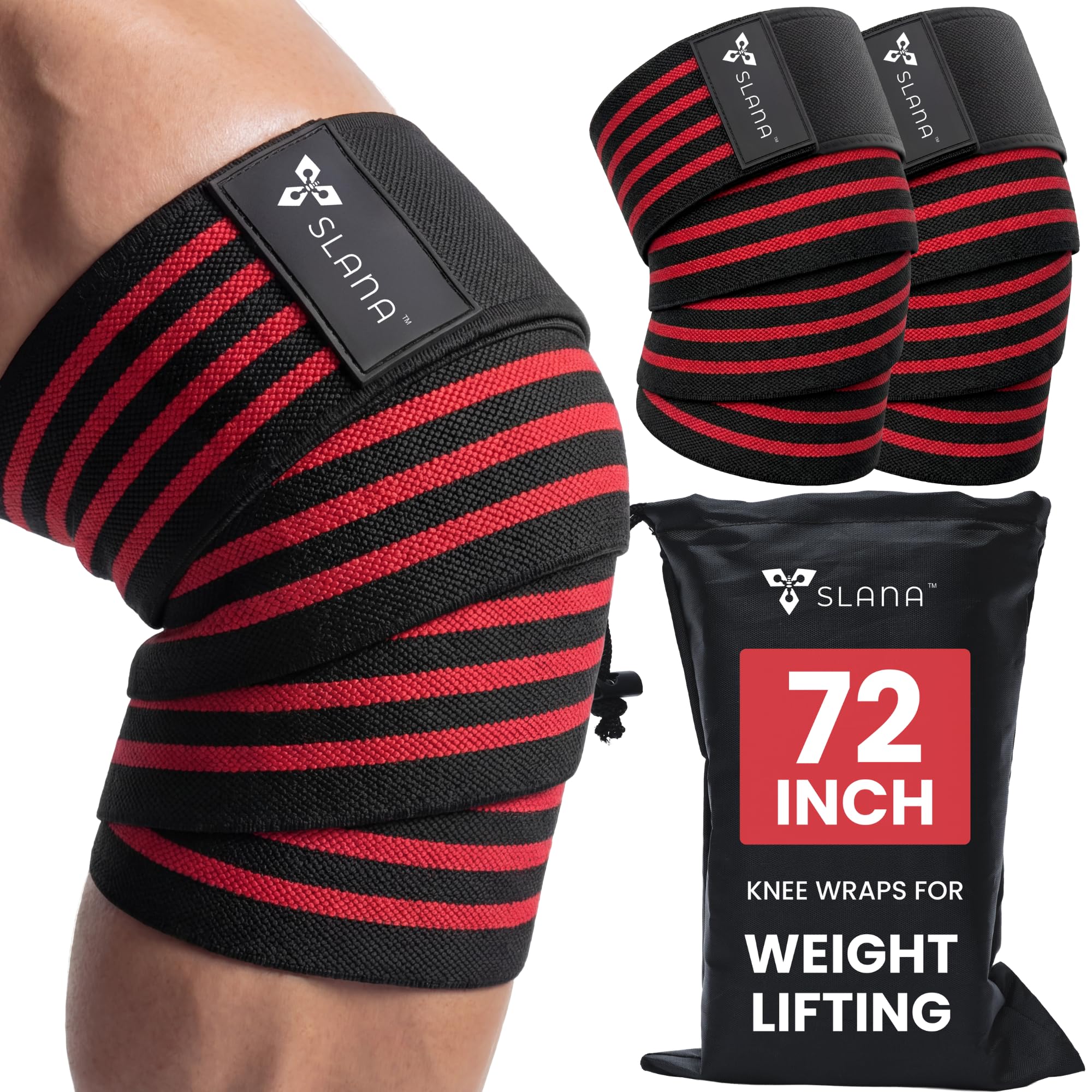 SLANA Knee Wraps for Weightlifting (72”) – Adjustable Compression Knee Wraps for Weightlifting, Knee Straps for Weightlifting with Secure Hook & Loop Closure – Powerlifting, Squats & Heavy Training