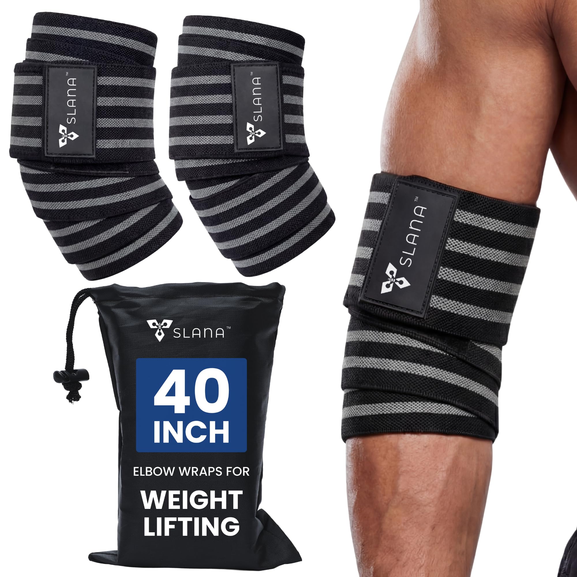 SLANA Elbow Wraps for Weightlifting – 40” Long Adjustable Compression - Elbow Sleeves Weightlifting Men with Hook-and-Loop Closure – Support for Heavy Pressing, Strength Training & Lifting Stability