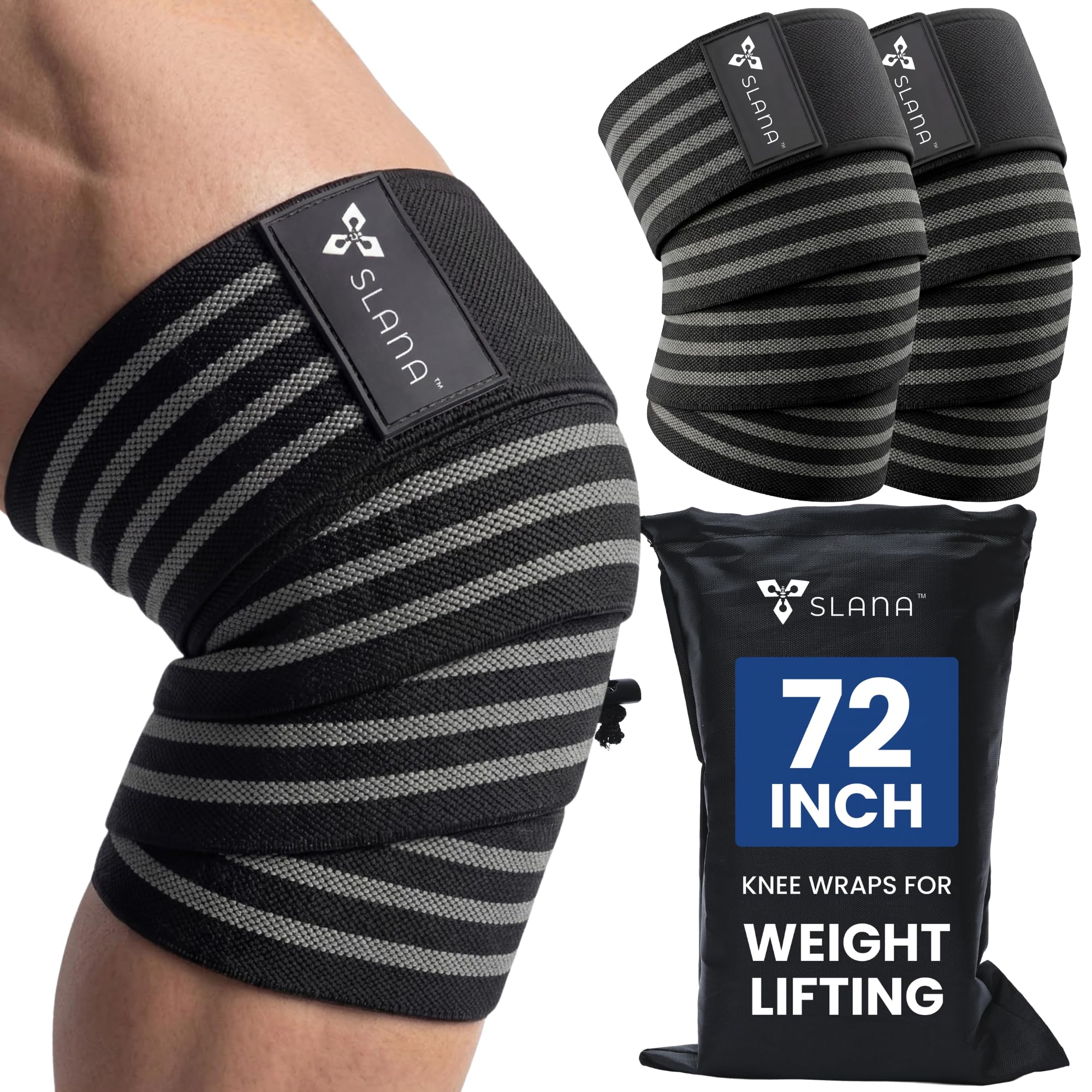 SLANA Knee Wraps for Weightlifting (72”) – Adjustable Compression Knee Wraps for Weightlifting, Knee Straps for Weightlifting with Secure Hook & Loop Closure – Powerlifting, Squats & Heavy Training